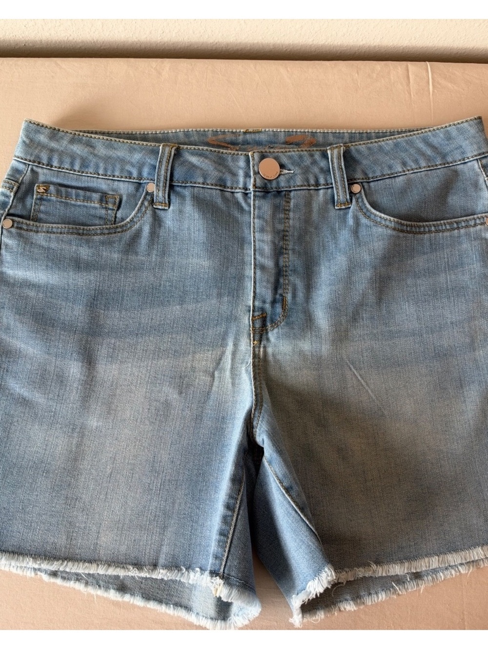 Size 12 Light Wash Denim Shorts with Frayed Hem